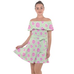 Roses Flowers Pink And Pastel Lime Green Pattern With Retro Dots Off Shoulder Velour Dress by genx