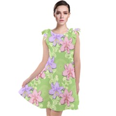 Lily Flowers Green Plant Natural Tie Up Tunic Dress by Pakrebo