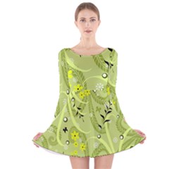 Seamless Pattern Green Garden Long Sleeve Velvet Skater Dress