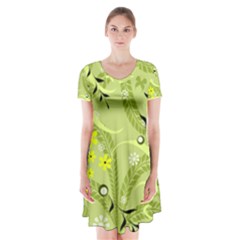 Seamless Pattern Green Garden Short Sleeve V-neck Flare Dress