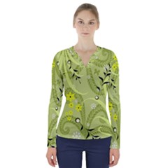 Seamless Pattern Green Garden V-Neck Long Sleeve Top