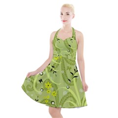 Seamless Pattern Green Garden Halter Party Swing Dress 