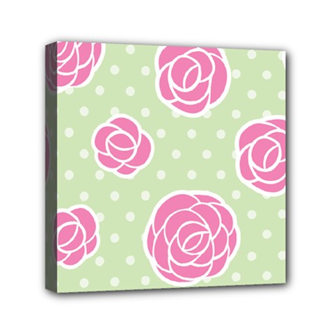 Roses Flowers Pink And Pastel Lime Green Pattern With Retro Dots Mini Canvas 6  X 6  (stretched) by genx