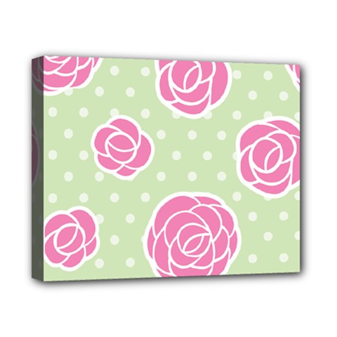 Roses flowers pink and pastel lime green pattern with retro dots Canvas 10  x 8  (Stretched)