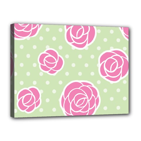 Roses flowers pink and pastel lime green pattern with retro dots Canvas 16  x 12  (Stretched)