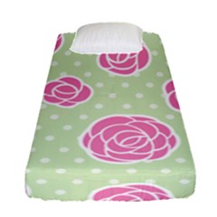 Roses flowers pink and pastel lime green pattern with retro dots Fitted Sheet (Single Size)