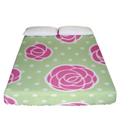 Roses flowers pink and pastel lime green pattern with retro dots Fitted Sheet (Queen Size)