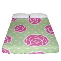 Roses flowers pink and pastel lime green pattern with retro dots Fitted Sheet (California King Size)