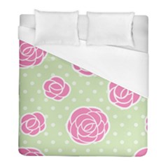 Roses flowers pink and pastel lime green pattern with retro dots Duvet Cover (Full/ Double Size)