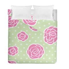 Roses flowers pink and pastel lime green pattern with retro dots Duvet Cover Double Side (Full/ Double Size)