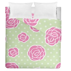 Roses flowers pink and pastel lime green pattern with retro dots Duvet Cover Double Side (Queen Size)