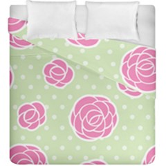 Roses flowers pink and pastel lime green pattern with retro dots Duvet Cover Double Side (King Size)