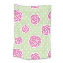 Roses flowers pink and pastel lime green pattern with retro dots Small Tapestry