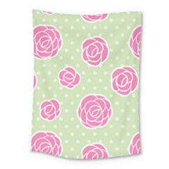 Roses flowers pink and pastel lime green pattern with retro dots Medium Tapestry