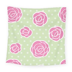 Roses flowers pink and pastel lime green pattern with retro dots Square Tapestry (Large)