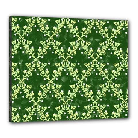 White Flowers Green Damask Canvas 24  X 20  (stretched) by Pakrebo