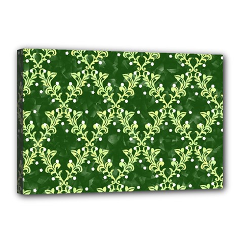 White Flowers Green Damask Canvas 18  X 12  (stretched) by Pakrebo