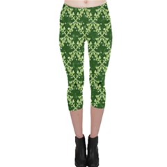 White Flowers Green Damask Capri Leggings  by Pakrebo