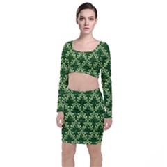 White Flowers Green Damask Top And Skirt Sets