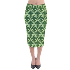 White Flowers Green Damask Velvet Midi Pencil Skirt by Pakrebo