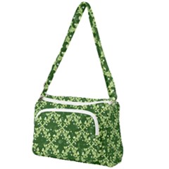 White Flowers Green Damask Front Pocket Crossbody Bag by Pakrebo