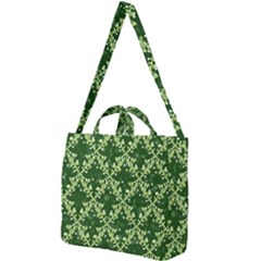 White Flowers Green Damask Square Shoulder Tote Bag by Pakrebo