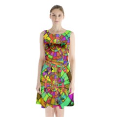 Color Abstract Rings Circle Center Sleeveless Waist Tie Chiffon Dress by Pakrebo