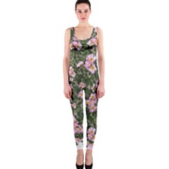 Pink Flowers Leaves Spring Garden One Piece Catsuit by Pakrebo