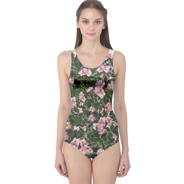 Pink Flowers Leaves Spring Garden One Piece Swimsuit