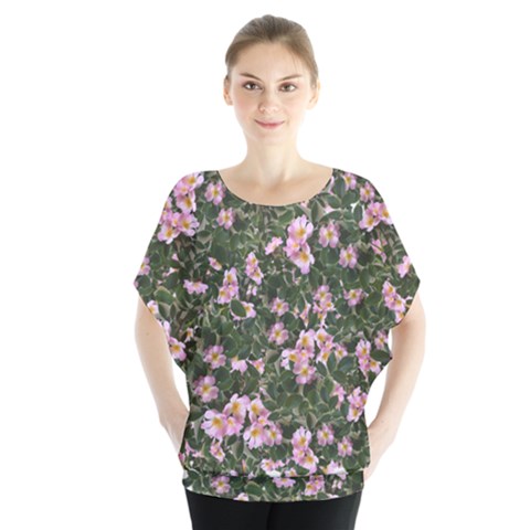 Pink Flowers Leaves Spring Garden Batwing Chiffon Blouse by Pakrebo