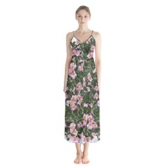 Pink Flowers Leaves Spring Garden Button Up Chiffon Maxi Dress
