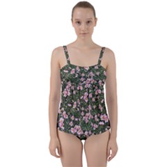 Pink Flowers Leaves Spring Garden Twist Front Tankini Set by Pakrebo