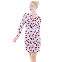 Red Apple Core Funny Retro Pattern Half On White Background Button Long Sleeve Dress by genx