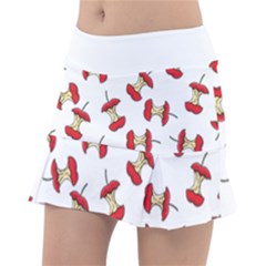 Red Apple Core Funny Retro Pattern Half On White Background Tennis Skirt by genx