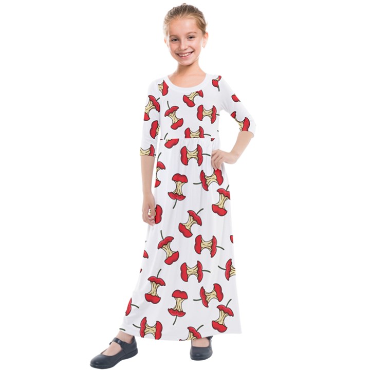 Red Apple Core Funny Retro Pattern Half on white background Kids  Quarter Sleeve Maxi Dress