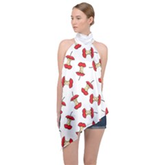 Red Apple Core Funny Retro Pattern Half On White Background Halter Asymmetric Satin Top by genx