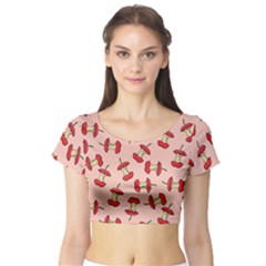 Red Apple Core Funny Retro Pattern Half Eaten On Pastel Orange Background Short Sleeve Crop Top by genx