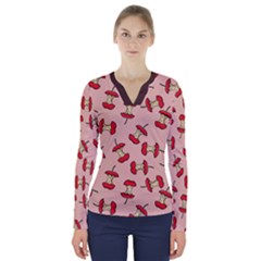 Red Apple Core Funny Retro Pattern Half Eaten On Pastel Orange Background V-neck Long Sleeve Top by genx