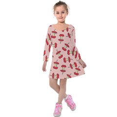 Red Apple Core Funny Retro Pattern Half Eaten On Pastel Orange Background Kids  Long Sleeve Velvet Dress by genx