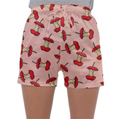 Red Apple Core Funny Retro Pattern Half Eaten On Pastel Orange Background Sleepwear Shorts by genx