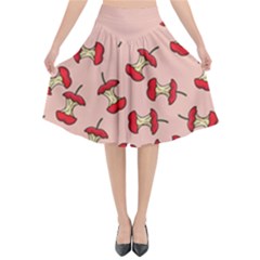 Red Apple Core Funny Retro Pattern Half Eaten On Pastel Orange Background Flared Midi Skirt