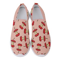 Red Apple Core Funny Retro Pattern Half Eaten On Pastel Orange Background Women s Slip On Sneakers by genx