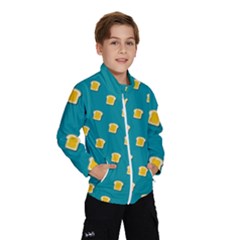 Toast With Cheese Funny Retro Pattern Turquoise Green Background Kids  Windbreaker by genx