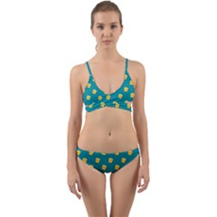 Toast With Cheese Funny Retro Pattern Turquoise Green Background Wrap Around Bikini Set by genx