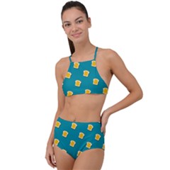 Toast With Cheese Funny Retro Pattern Turquoise Green Background High Waist Tankini Set by genx