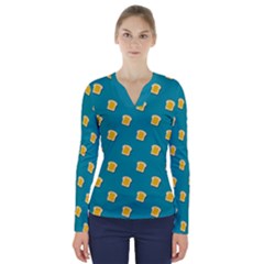 Toast With Cheese Funny Retro Pattern Turquoise Green Background V-neck Long Sleeve Top by genx