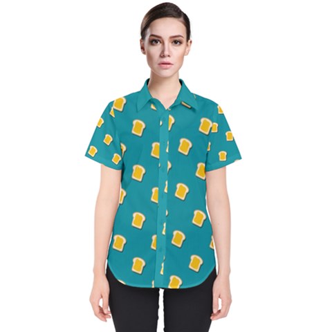 Toast With Cheese Funny Retro Pattern Turquoise Green Background Women s Short Sleeve Shirt by genx