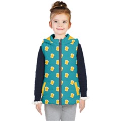 Toast With Cheese Funny Retro Pattern Turquoise Green Background Kids  Hooded Puffer Vest by genx