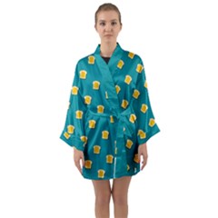 Toast With Cheese Funny Retro Pattern Turquoise Green Background Long Sleeve Kimono Robe by genx