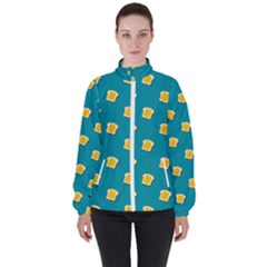 Toast With Cheese Funny Retro Pattern Turquoise Green Background Women s High Neck Windbreaker by genx